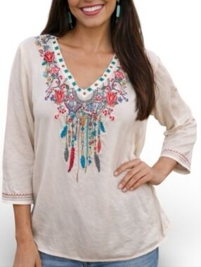 Johnny Was 🪶 Multicolored Embroidered Komanchi Top Size S